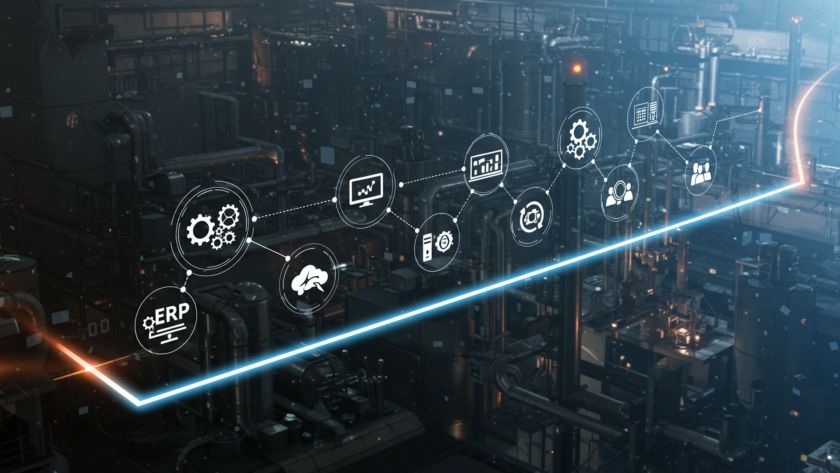 A imagem mostra um ambiente industrial de alta tecnologia ao fundo, possivelmente uma fábrica automatizada, com diversas tubulações, máquinas e estruturas metálicas. Em destaque no primeiro plano, há uma linha de progresso iluminada (com uma luz azul e outra laranja nas extremidades), que conecta diversos ícones representando etapas ou componentes de um sistema de ERP (Enterprise Resource Planning) — planejamento de recursos empresariais.