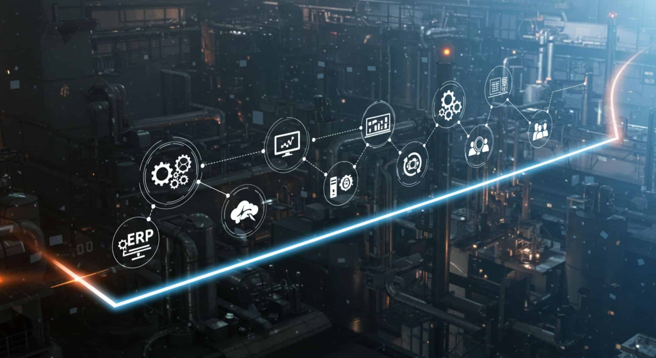 A imagem mostra um ambiente industrial de alta tecnologia ao fundo, possivelmente uma fábrica automatizada, com diversas tubulações, máquinas e estruturas metálicas. Em destaque no primeiro plano, há uma linha de progresso iluminada (com uma luz azul e outra laranja nas extremidades), que conecta diversos ícones representando etapas ou componentes de um sistema de ERP (Enterprise Resource Planning) — planejamento de recursos empresariais.
