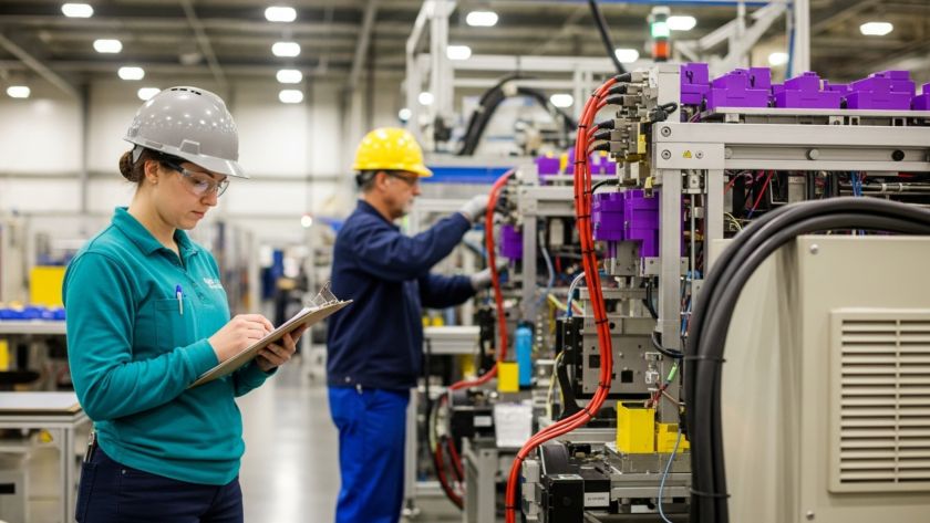 Funcionária com prancheta realiza inspeção em chão de fábrica, enquanto outro trabalhador opera máquina industrial.