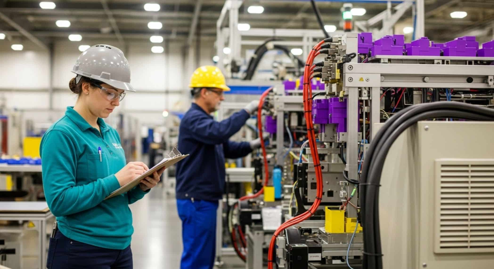 Funcionária com prancheta realiza inspeção em chão de fábrica, enquanto outro trabalhador opera máquina industrial.
