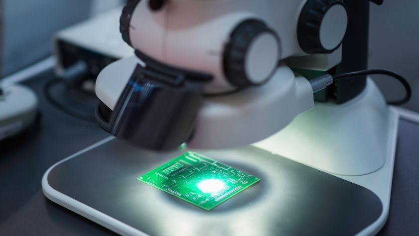 Microscópio analisando placa de circuito eletrônico iluminada.