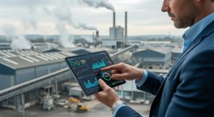 Homem em traje social analisando gráficos em um tablet, com vista para complexo industrial ao fundo.