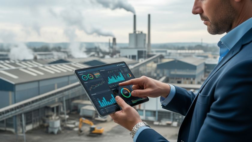 Homem em traje social analisando gráficos em um tablet, com vista para complexo industrial ao fundo.