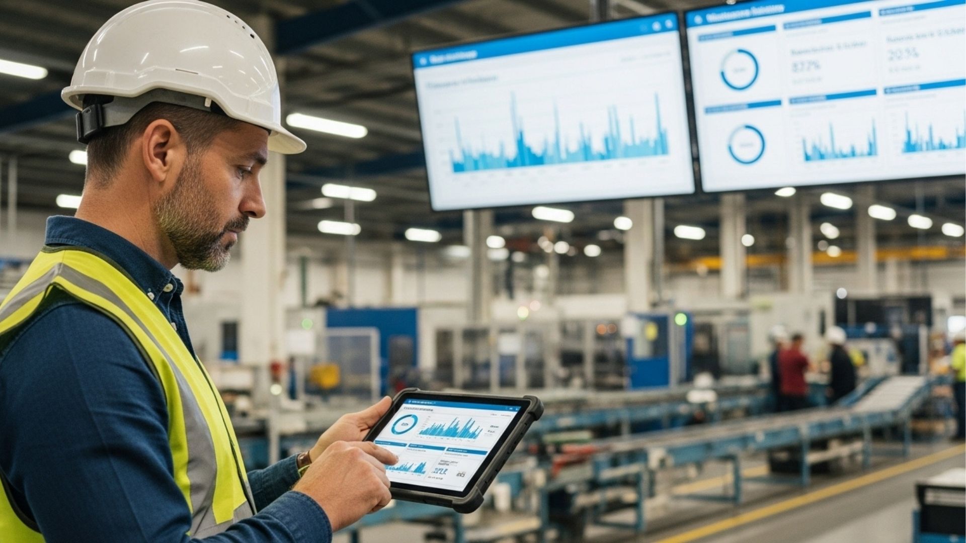 A quarta imagem mostra um trabalhador em um ambiente de fábrica, usando um tablet para visualizar dados operacionais exibidos em monitores grandes. Isso ilustra como os trabalhadores agora têm dispositivos móveis para acompanhar o desempenho e fazer ajustes em tempo real.