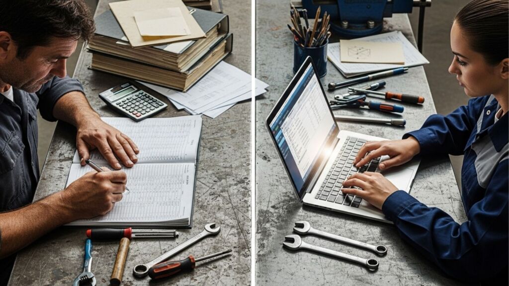 A segunda imagem contrasta métodos tradicionais de documentação (o trabalhador escrevendo em um caderno) com a abordagem digital moderna (o trabalhador usando um laptop). Ela mostra como as ferramentas digitais e o software transformaram o trabalho industrial, melhorando a precisão e a eficiência.