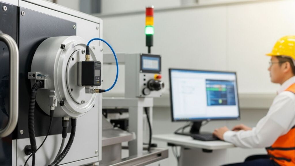 A primeira imagem mostra um trabalhador industrial monitorando a máquina por meio de um computador. Isso destaca a integração de sistemas automatizados, onde os trabalhadores usam dados em tempo real para supervisionar o desempenho dos equipamentos e o controle de processos.