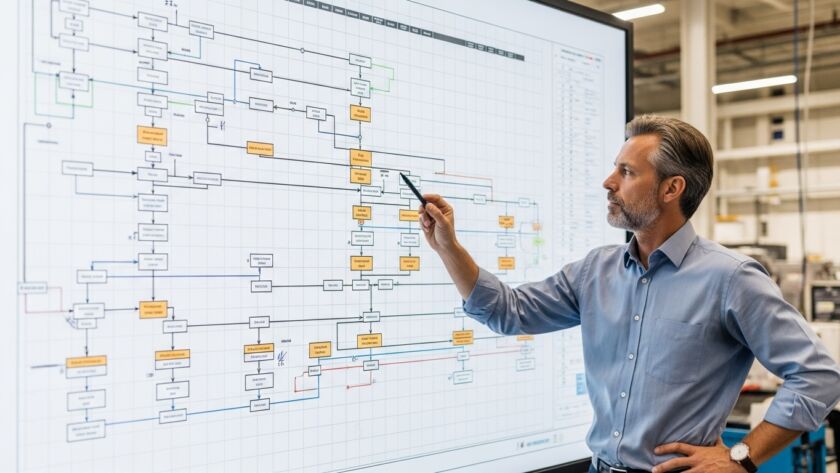 Um homem em um ambiente industrial, apontando para um grande painel digital que exibe um diagrama de fluxo de processo detalhado. O diagrama é usado para analisar ou otimizar um processo de produção ou automação.