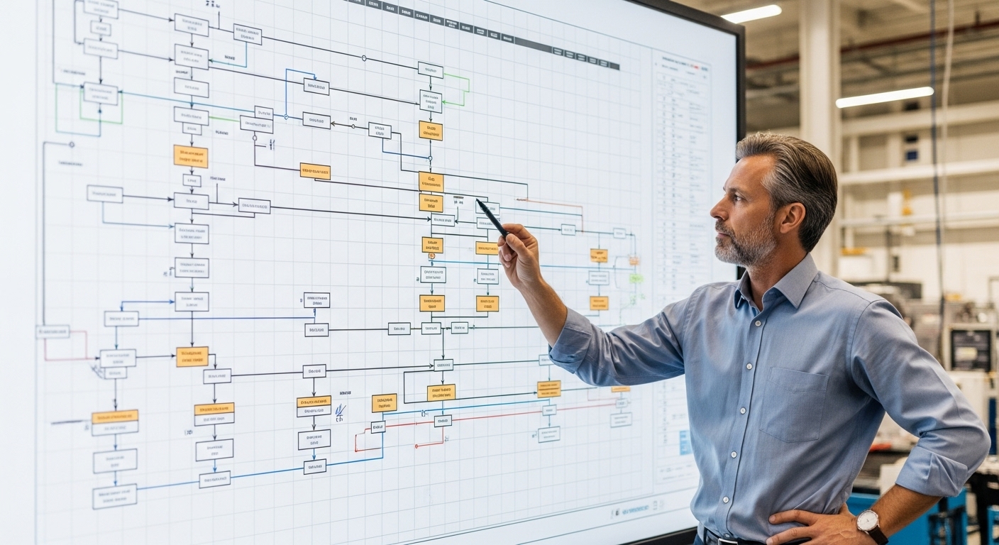 Um homem em um ambiente industrial, apontando para um grande painel digital que exibe um diagrama de fluxo de processo detalhado. O diagrama é usado para analisar ou otimizar um processo de produção ou automação.