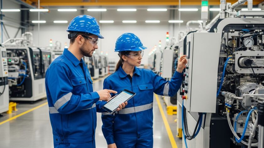 Dois trabalhadores em uma fábrica interagindo com uma máquina, enquanto um deles utiliza um tablet para monitorar dados e garantir que os sistemas estejam funcionando corretamente