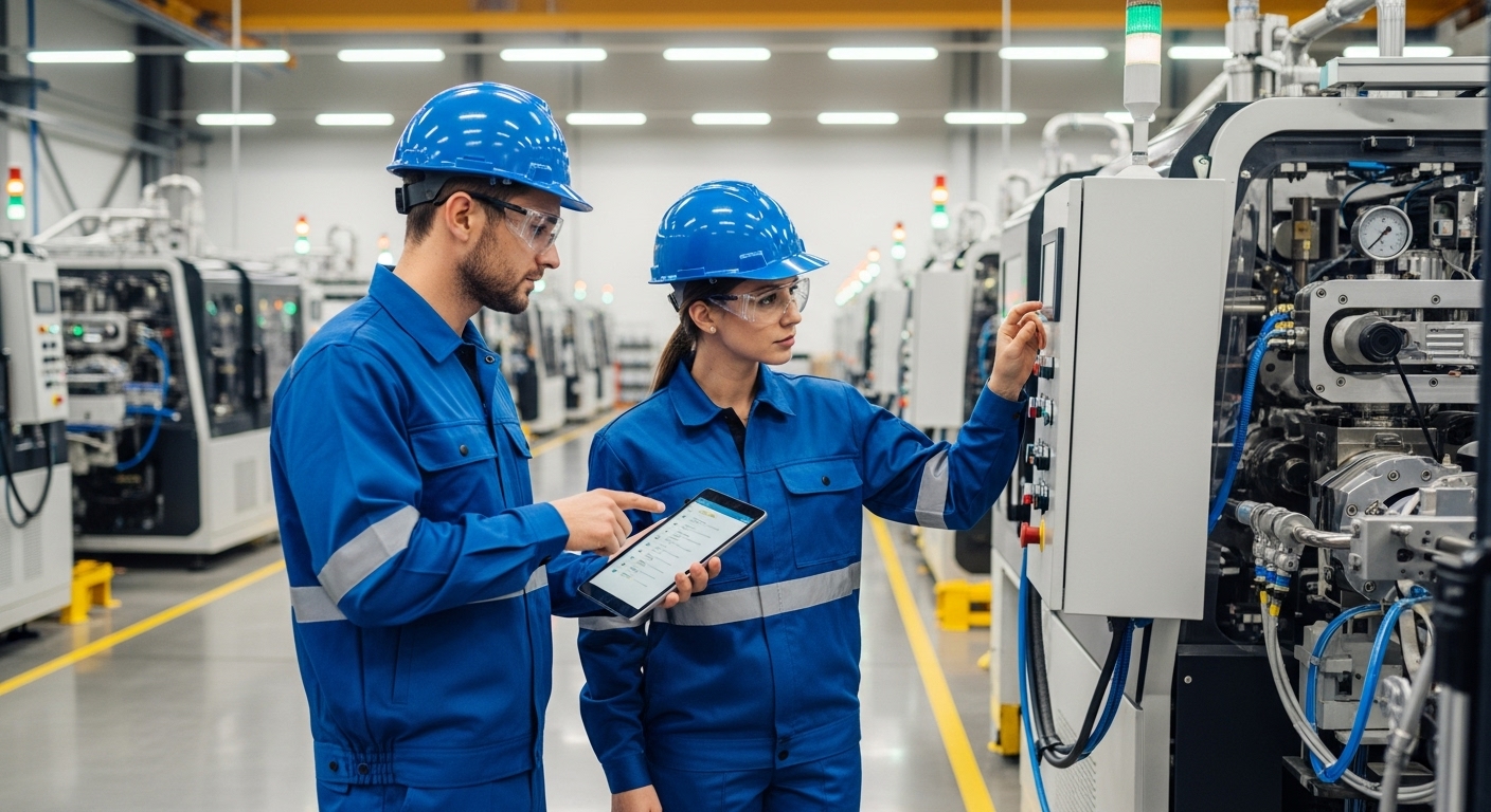 Dois trabalhadores em uma fábrica interagindo com uma máquina, enquanto um deles utiliza um tablet para monitorar dados e garantir que os sistemas estejam funcionando corretamente