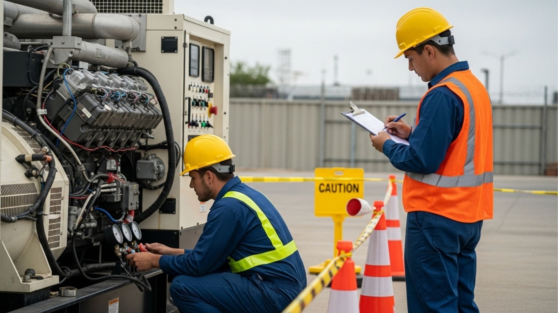 A terceira imagem mostra dois trabalhadores realizando a manutenção de um gerador. Um está verificando os medidores enquanto o outro faz anotações, o que representa como a manutenção preventiva e a inspeção continuam essenciais no campo, com uso de tecnologia para monitoramento e registro de dados.