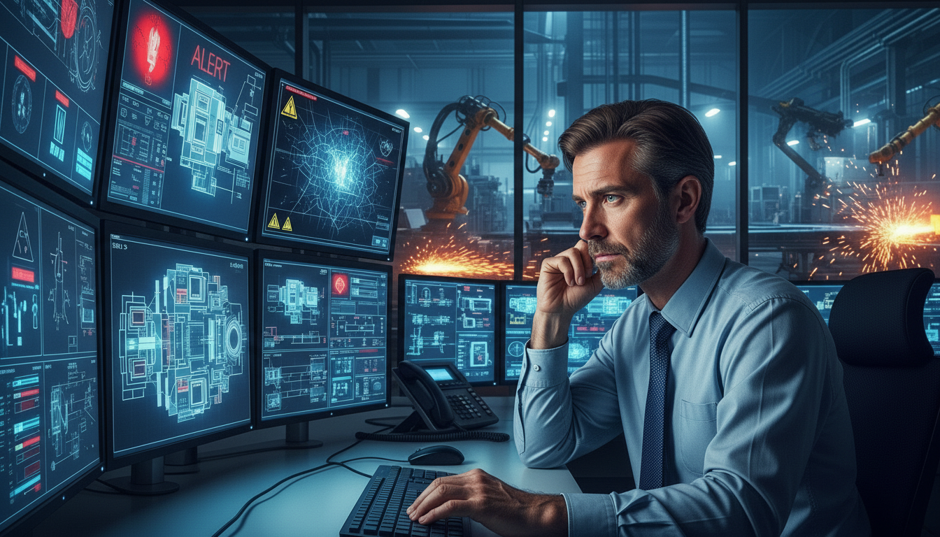 Homem de camisa social e gravata observa atentamente múltiplos monitores com alertas e dados técnicos em uma sala de controle industrial; ao fundo, robôs industriais operam com faíscas visíveis, sugerindo atividade intensa na produção.