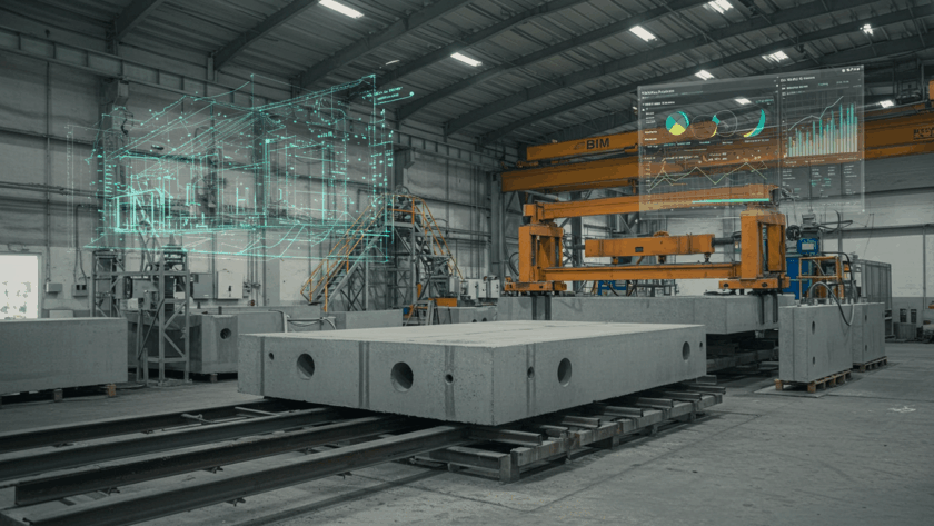 Fábrica com peças de concreto e projeções holográficas de planta e gráficos de desempenho no ambiente.