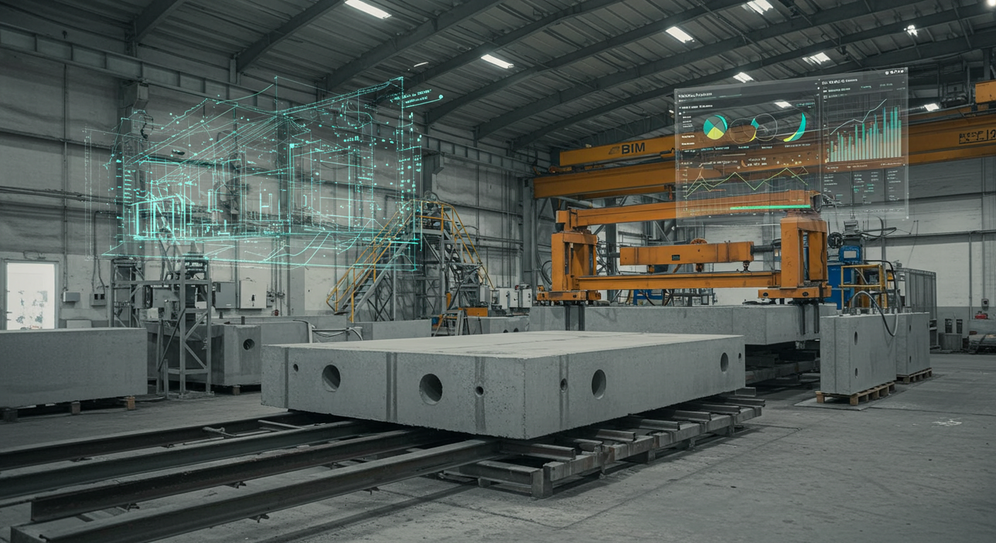 Fábrica com peças de concreto e projeções holográficas de planta e gráficos de desempenho no ambiente.