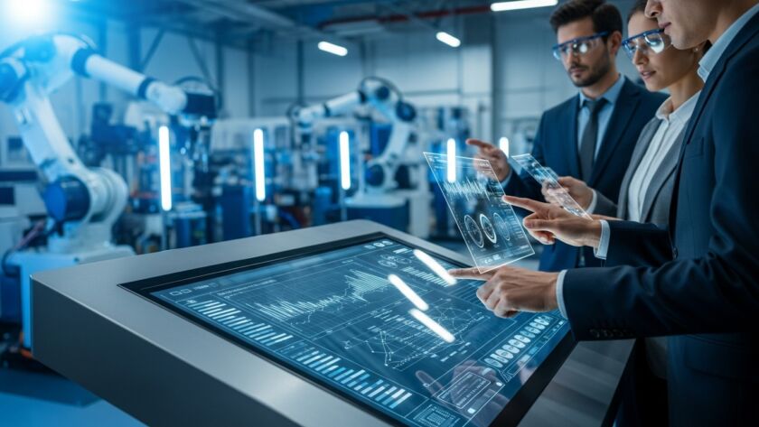 Três pessoas com óculos de proteção analisando gráficos em telas transparentes em ambiente industrial automatizado.