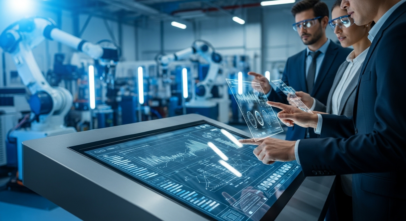 Três pessoas com óculos de proteção analisando gráficos em telas transparentes em ambiente industrial automatizado.