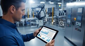 Homem em ambiente industrial observa gráficos de desempenho e indicadores em um tablet; ao fundo, robô industrial e painéis de controle. Ícones flutuantes representam energia, manutenção e tempo ocioso.