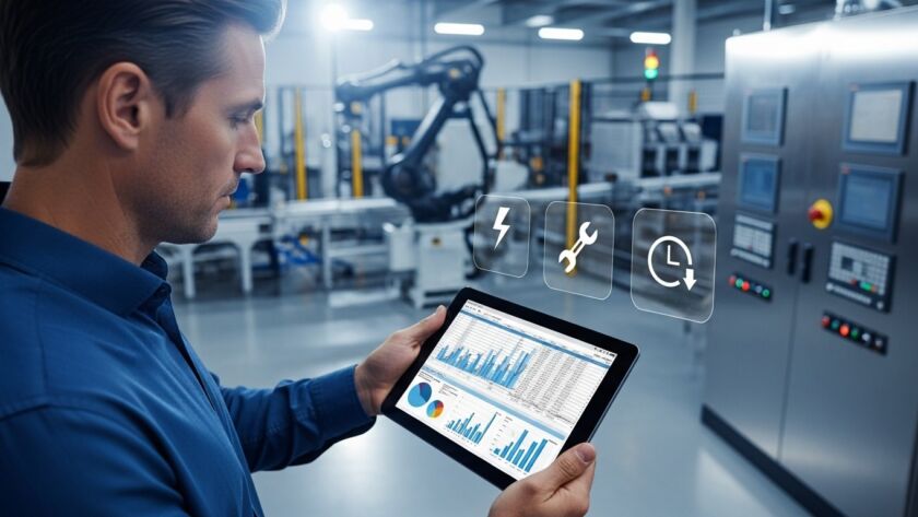 Homem em ambiente industrial observa gráficos de desempenho e indicadores em um tablet; ao fundo, robô industrial e painéis de controle. Ícones flutuantes representam energia, manutenção e tempo ocioso.