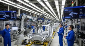 Montadora de veículos com robôs industriais e equipe em uniformes azuis monitorando linha de montagem.