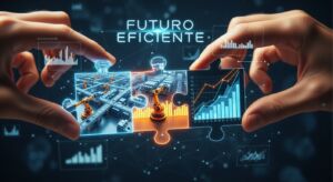 Duas mãos encaixam peças de quebra-cabeça digitais com imagens de robôs industriais, gráficos de barras e linha de produção automatizada. No centro da imagem, o texto “Futuro eficiente”.