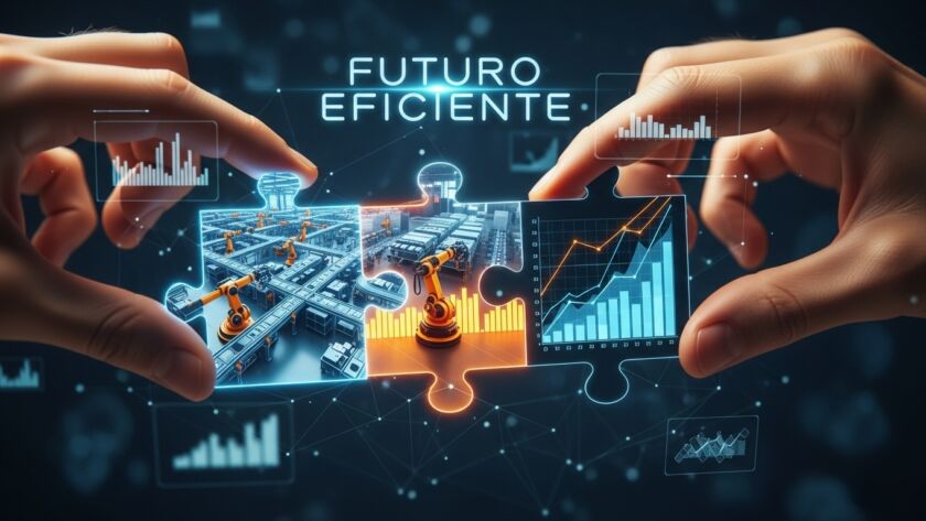 Duas mãos encaixam peças de quebra-cabeça digitais com imagens de robôs industriais, gráficos de barras e linha de produção automatizada. No centro da imagem, o texto “Futuro eficiente”.