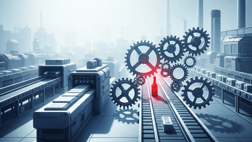 Engrenagens em esteira de fábrica com garrafa vermelha destacada, simbolizando gargalo no processo.