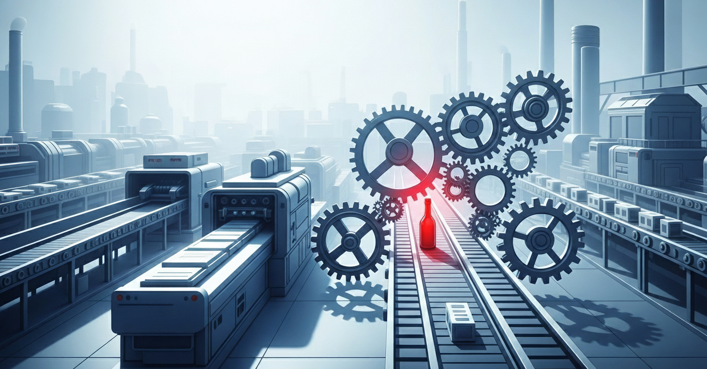 Engrenagens em esteira de fábrica com garrafa vermelha destacada, simbolizando gargalo no processo.