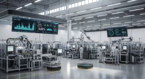 Fábrica automatizada com robôs industriais, esteiras e operadores monitorando telas; grandes painéis digitais no alto exibem gráficos de desempenho, taxa de defeitos e produtividade.