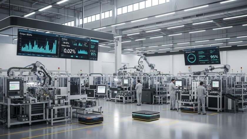 Fábrica automatizada com robôs industriais, esteiras e operadores monitorando telas; grandes painéis digitais no alto exibem gráficos de desempenho, taxa de defeitos e produtividade.