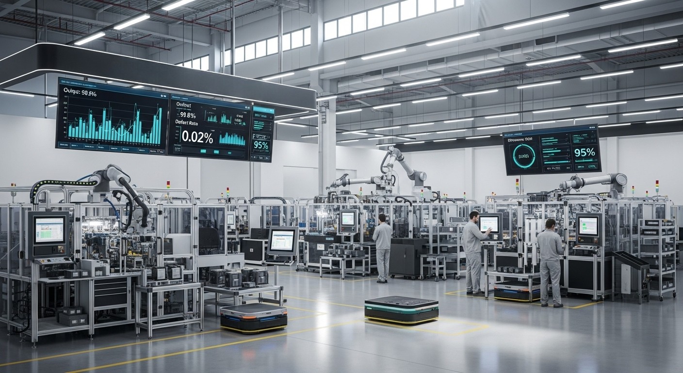 Fábrica automatizada com robôs industriais, esteiras e operadores monitorando telas; grandes painéis digitais no alto exibem gráficos de desempenho, taxa de defeitos e produtividade.