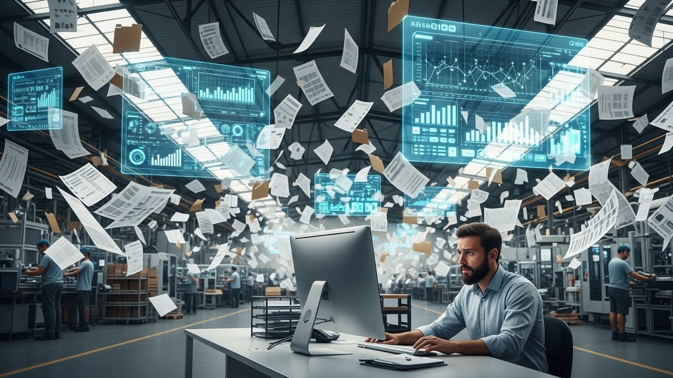 Homem sentado em frente a um computador em um ambiente fabril, cercado por papéis voando e painéis digitais com gráficos e dados flutuando no ar.