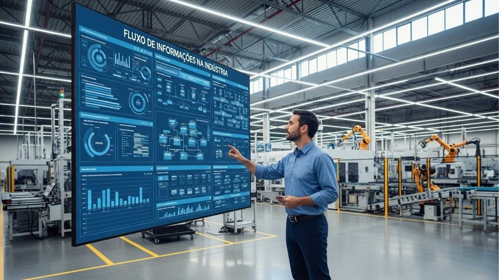 Homem com tablet toca uma grande tela com o título "Fluxo de informações na indústria", exibindo diversos gráficos e fluxogramas, em ambiente fabril moderno com robôs industriais.