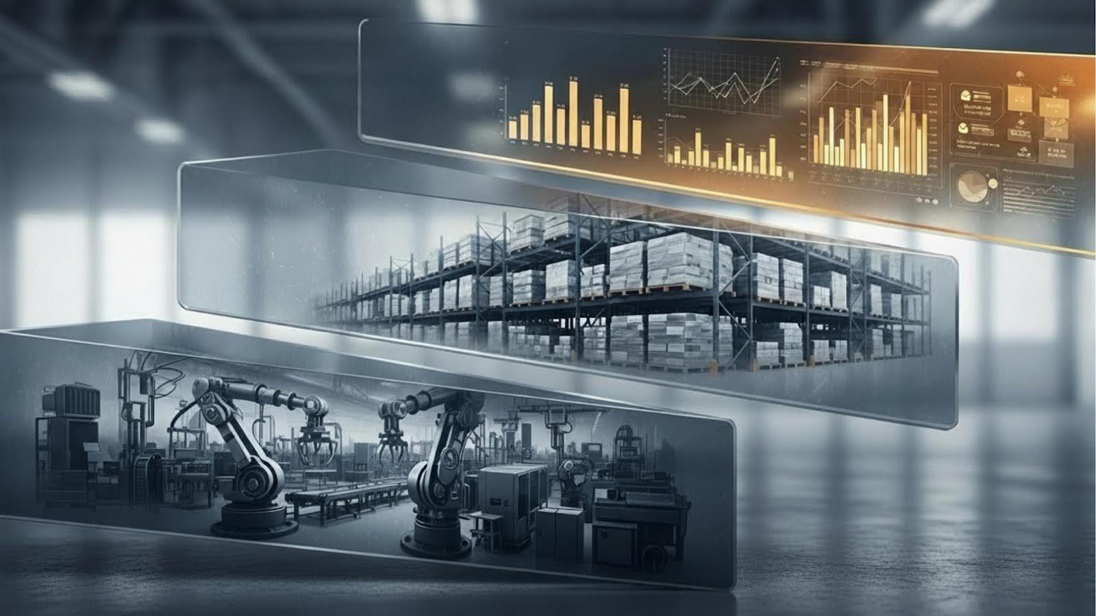 Ilustração digital com três painéis flutuantes representando gráficos de dados, um depósito com prateleiras e uma linha de produção com robôs industriais.