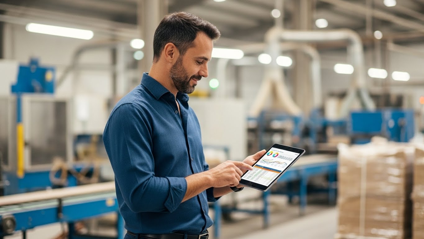 Homem de camisa azul mexendo em um tablet com gráficos e tabelas coloridas na tela, em meio a um ambiente fabril com maquinário ao fundo.