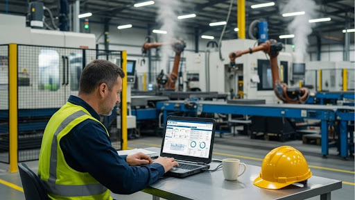 Um profissional da indústria, vestindo colete refletivo, trabalha em um laptop numa mesa de metal dentro de uma fábrica. Ao lado do computador, há um capacete de segurança amarelo. Ao fundo, vê-se uma linha de produção com braços robóticos industriais em operação e fumaça de processos de manufatura. A tela do laptop exibe gráficos e painéis de controle de dados de produção.