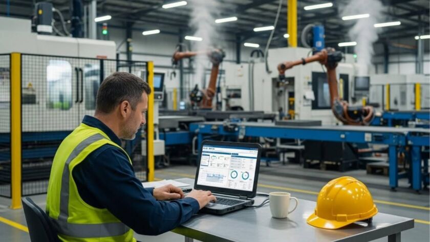 Um profissional da indústria, vestindo colete refletivo, trabalha em um laptop numa mesa de metal dentro de uma fábrica. Ao lado do computador, há um capacete de segurança amarelo. Ao fundo, vê-se uma linha de produção com braços robóticos industriais em operação e fumaça de processos de manufatura. A tela do laptop exibe gráficos e painéis de controle de dados de produção.