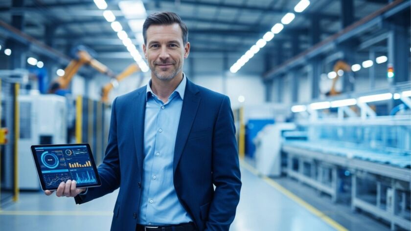 Retrato de um executivo sorridente em uma fábrica moderna, segurando um tablet que exibe um dashboard com gráficos de barras e indicadores de desempenho industrial.