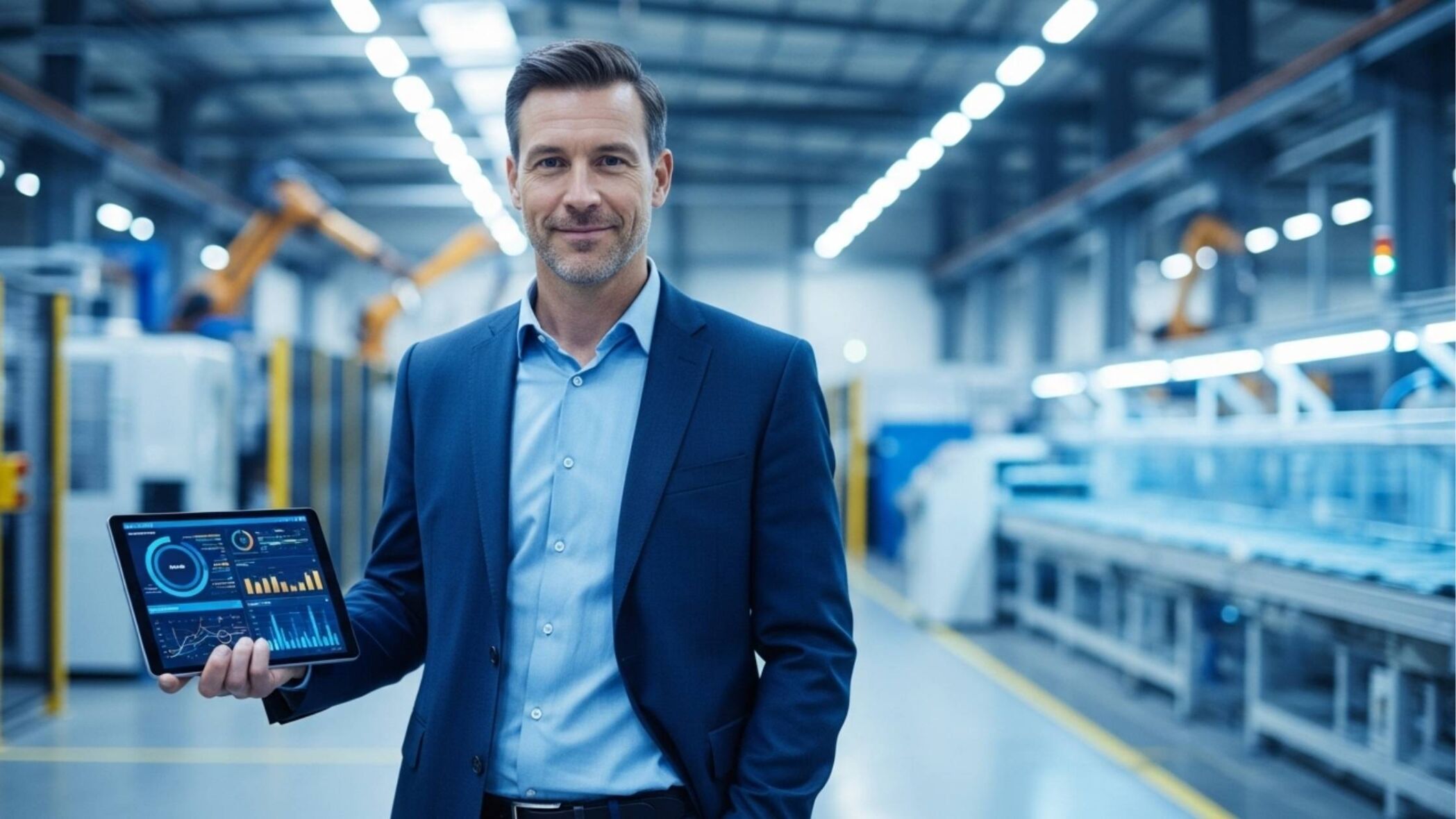 Retrato de um executivo sorridente em uma fábrica moderna, segurando um tablet que exibe um dashboard com gráficos de barras e indicadores de desempenho industrial.