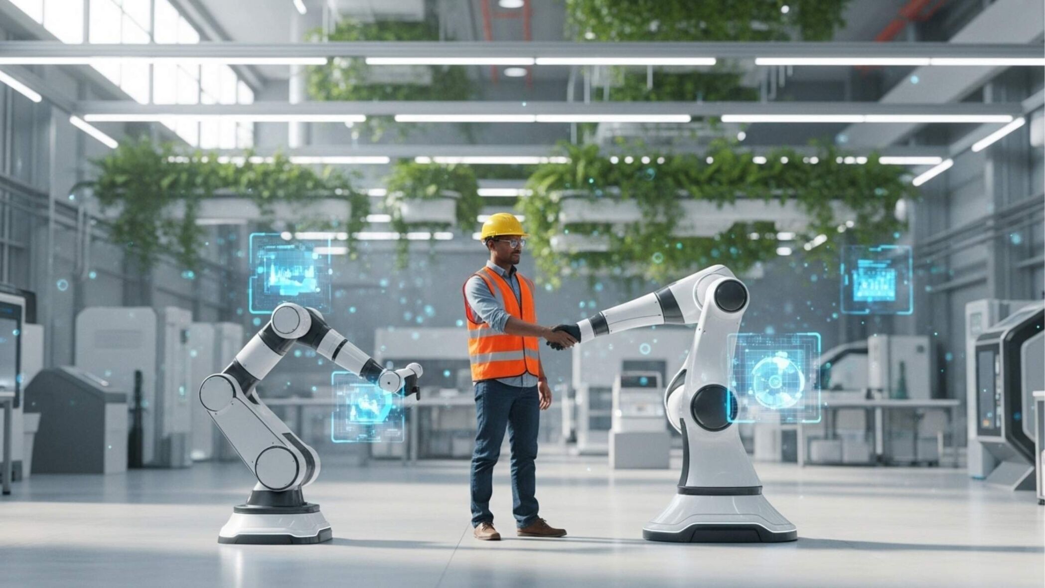 Um trabalhador industrial de colete e capacete aperta a "mão" de um braço robótico articulado em uma fábrica moderna e sustentável, repleta de plantas. Telas holográficas flutuam ao redor, simbolizando a parceria entre humanos e tecnologia.