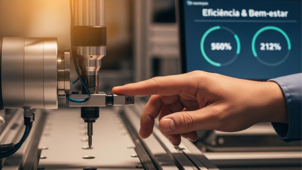 Close-up de uma mão humana tocando delicadamente a ponta de uma ferramenta de precisão robótica. Ao fundo, um monitor exibe um gráfico de "Eficiência & Bem-estar" com altos índices percentuais, ilustrando o foco humano da Indústria 5.0.