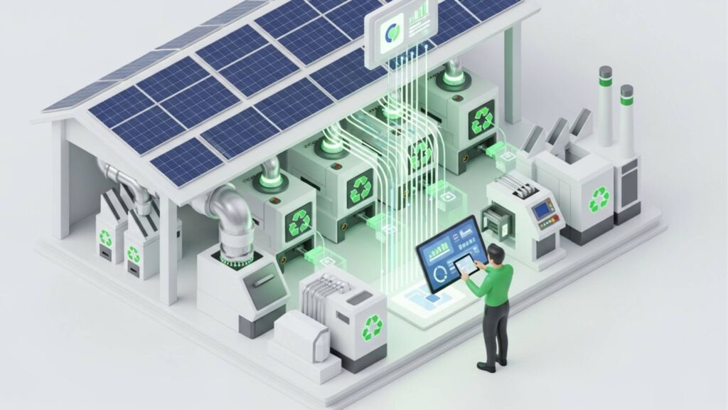 Ilustração isométrica de uma fábrica sustentável com painéis solares no telhado. Um operador usa um tablet para controlar máquinas conectadas que possuem o selo de reciclagem, representando a economia circular e energia limpa.