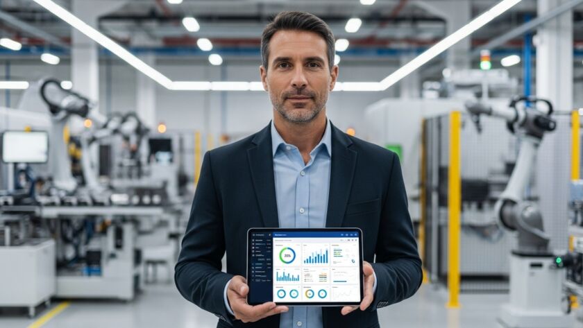 Um profissional de terno em uma fábrica moderna segurando um tablet que exibe um dashboard com gráficos de desempenho. Ao fundo, braços robóticos operam em uma linha de montagem automatizada.