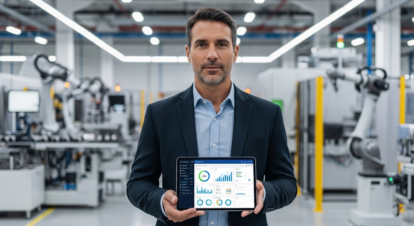 Um profissional de terno em uma fábrica moderna segurando um tablet que exibe um dashboard com gráficos de desempenho. Ao fundo, braços robóticos operam em uma linha de montagem automatizada.
