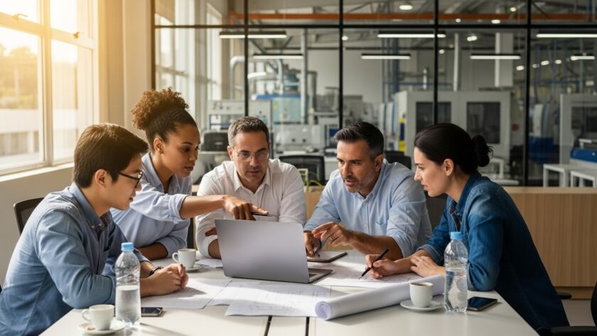 Grupo de cinco profissionais de diversas etnias reunidos em uma mesa de escritório iluminada, analisando dados em um laptop e plantas técnicas, representando a colaboração estratégica em projetos de implementação de ERP.