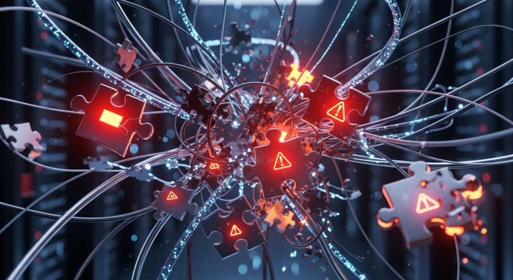 Peças de quebra-cabeça metálicas flutuando em um ambiente de data center, conectadas por cabos de fibra ótica. Algumas peças exibem um triângulo de alerta vermelho, simbolizando os desafios de integração e falhas em sistemas complexos.