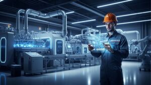 Operário de capacete laranja monitorando uma linha de produção automatizada através de um tablet holográfico. O ambiente de fábrica inteligente destaca a integração entre humanos e IA na Indústria 4.0, com robôs e maquinário moderno ao fundo.