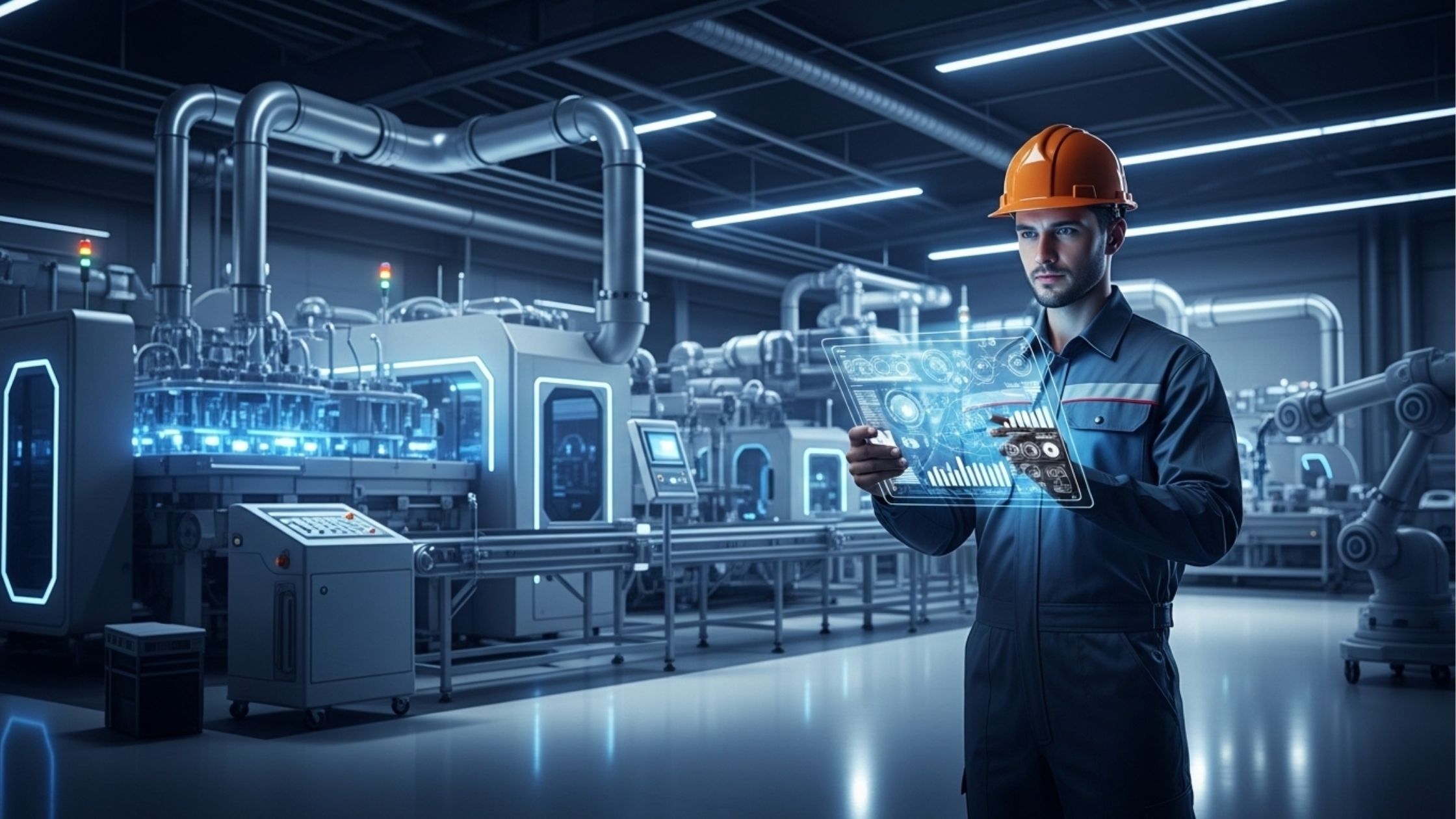 Operário de capacete laranja monitorando uma linha de produção automatizada através de um tablet holográfico. O ambiente de fábrica inteligente destaca a integração entre humanos e IA na Indústria 4.0, com robôs e maquinário moderno ao fundo.