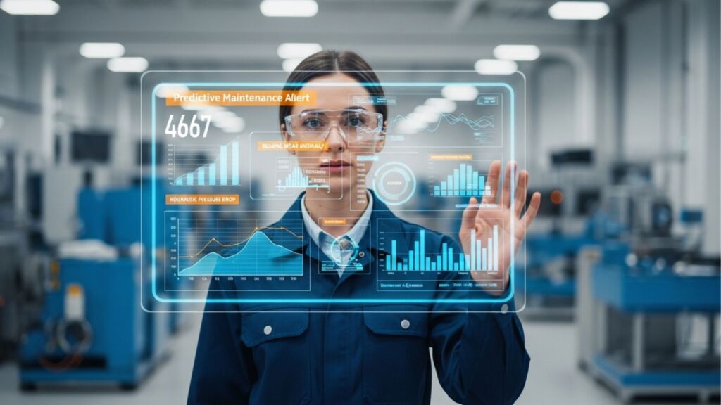Mulher engenheira utilizando interface de realidade aumentada para manutenção preditiva em uma fábrica. A tela flutuante exibe gráficos de desempenho, alertas de queda de pressão hidráulica e análise de vibração em tempo real.