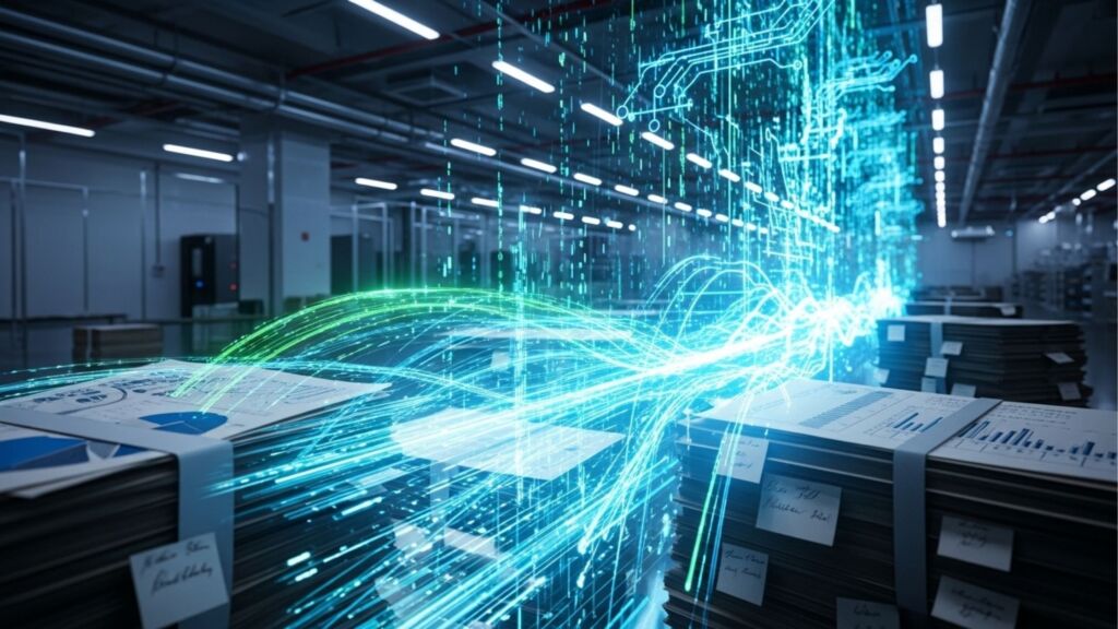 Representação visual de Inteligência Artificial processando grandes volumes de documentos em um ambiente industrial. Fluxos de dados digitais em tons de azul e verde conectam pilhas de papéis a uma rede de circuitos brilhantes ao fundo.