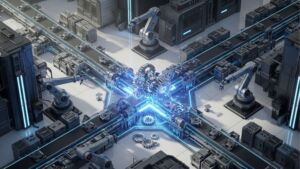 Visão aérea de uma linha de produção automatizada com braços robóticos e engrenagens centrais conectadas por feixes de luz azul, ilustrando a integração de sistemas na Indústria 4.0.